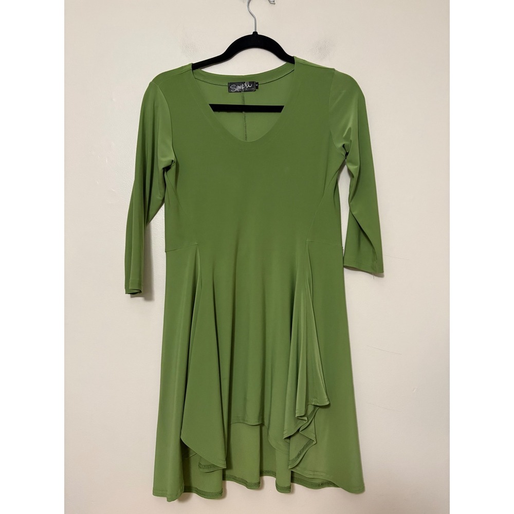 Sympli Women Green V-Neck 3/4 Sleeve Handkerchief Hem Matte Jersey Tunic Dress 4